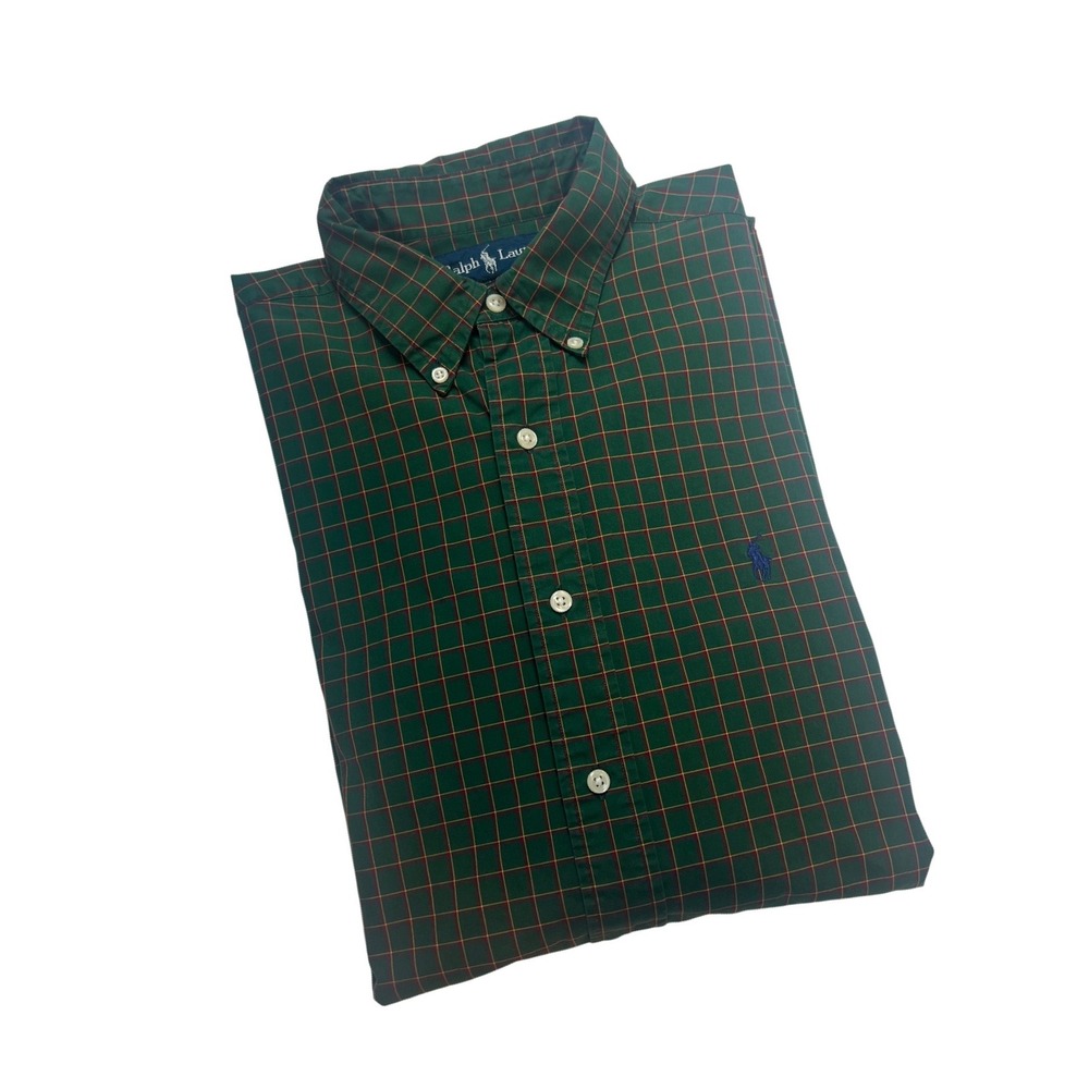 Ralph Lauren Button Down Mens L Green Plaid Blake Two-Ply Cotton Long Sleeve F19